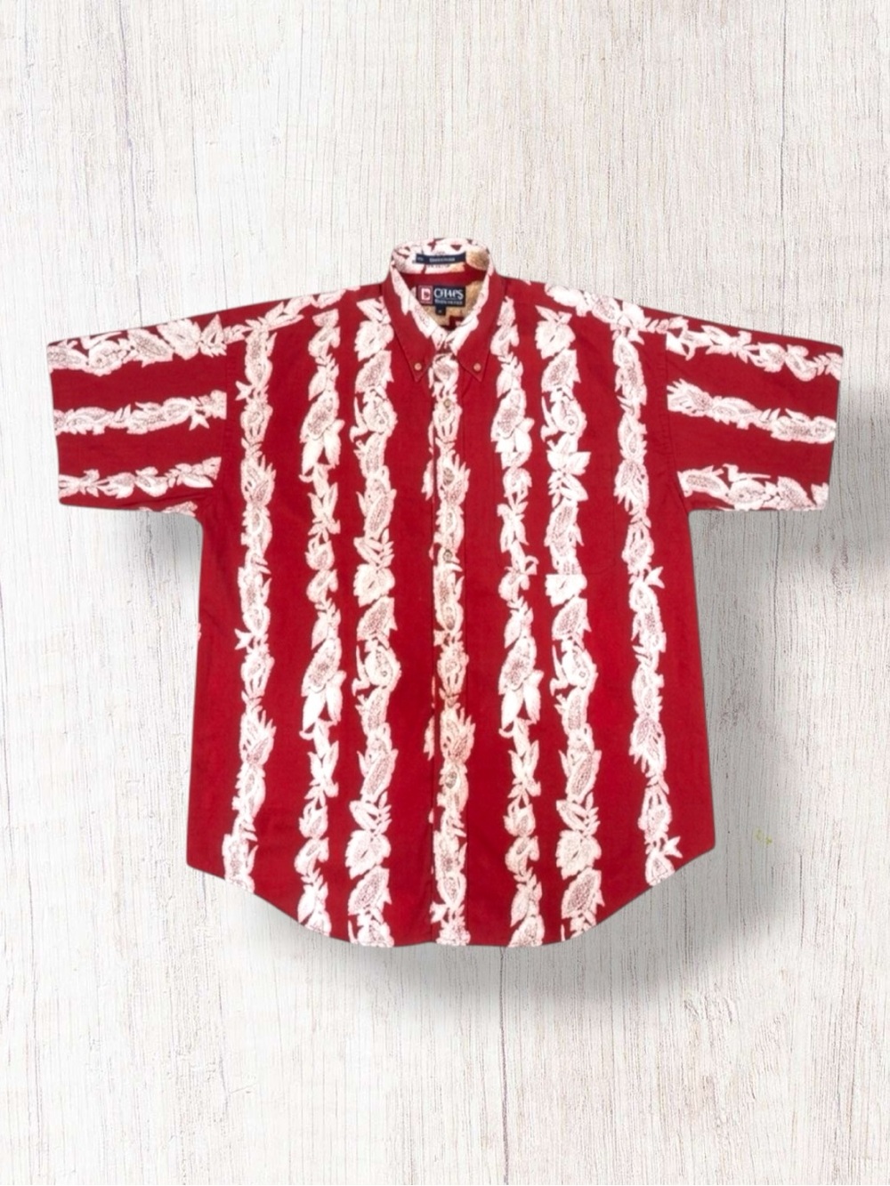Vintage Chaps Ralph Lauren Shirt Red Cream Tropical Hibiscus 100% Cotton Retro M